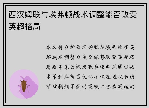 西汉姆联与埃弗顿战术调整能否改变英超格局